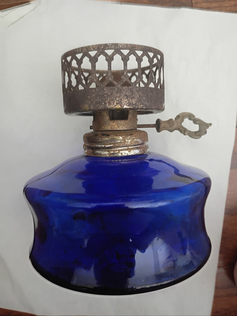 Antique Cobalt blue Glass Oil Lamp Font & Original Metal Burner Assembly